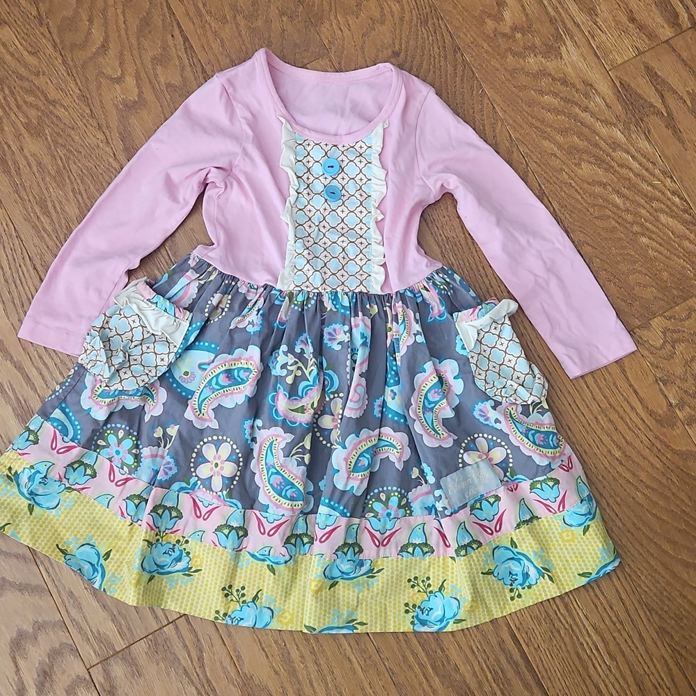 Eleanor Rose size 4-5 girls pink grey floral long sleeve fit & flare dress 🌷🪻